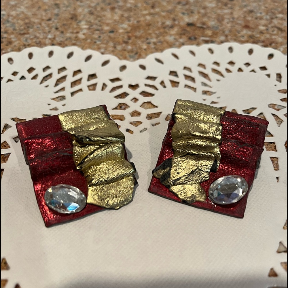 Red and Gold square pierced earrings.